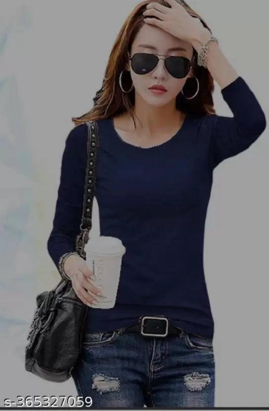 Women Solid Round Neck Pure Cotton Blue T-Shirt